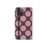 iPhone 13 veganistisch leren portemonnee-hoesje - Pink Plum Polka Dot-design