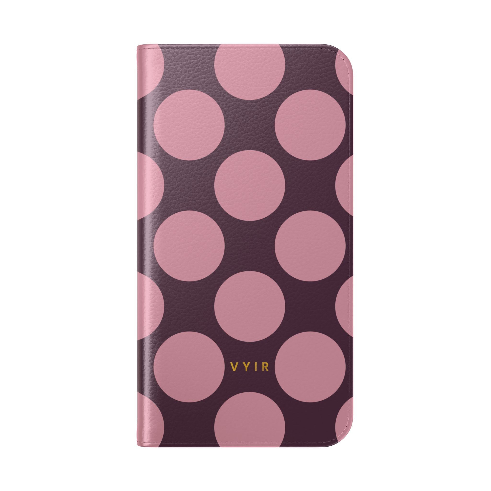 iPhone 15 Plus Vegan Leather Wallet Case – Pink Plum Polka Dot Design - VYIR
