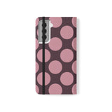 Samsung Galaxy S21 Portemonneehoesje van veganistisch leer - Pink Plum Polka Dot-ontwerp