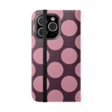 iPhone 16 Pro Vegan Leren Portemonneehoesje – Roze-Pruim Polka Dot-ontwerp
