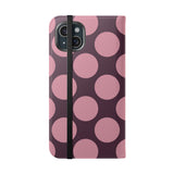 iPhone 15 Plus veganistisch leren Hoesje met portemonnee - Pink Plum Polka Dot Design