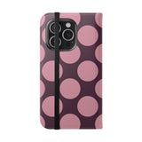 iPhone 15 Pro veganistisch leren Hoesje met portemonnee - Pink Plum Polka Dot Design