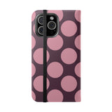 iPhone 16 Pro Max veganistisch leren Hoesje met portemonnee - Pink Plum Polka Dot Design