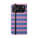 iPhone 17 Pro Max Telefoonhoesje van veganistisch leer met portemonnee – Periwinkle Dream-gestreept ontwerp