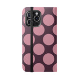 iPhone 15 Pro Max veganistisch leren Hoesje met portemonnee - Pink Plum Polka Dot Design