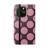 iPhone 14 Pro veganistisch leren Hoesje met portemonnee - Pink Plum Polka Dot Design