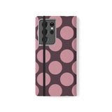 Samsung Galaxy S21 Ultra Portemonneehoesje van veganistisch leer - Pink Plum Polka Dot-ontwerp
