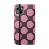 iPhone 14 Plus veganistisch leren portemonnee-hoesje - Pink Plum Polka Dot-design