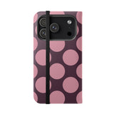 iPhone 17 Pro Vegan Leren Portemonneehoesje – Roze-Pruim Polka Dot-ontwerp
