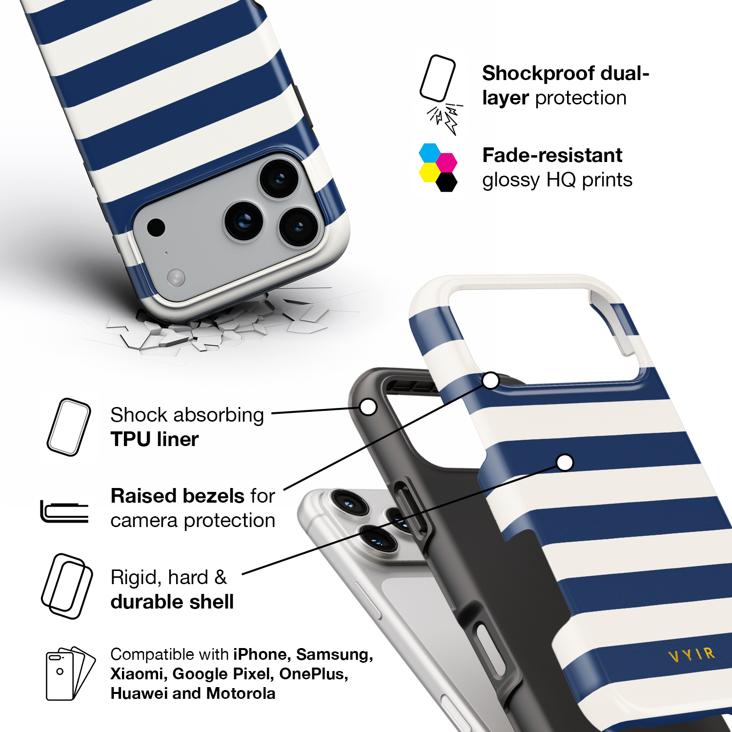 Horizontal Stripes, Old Money Blue - Shockproof Phone Case - VYIR