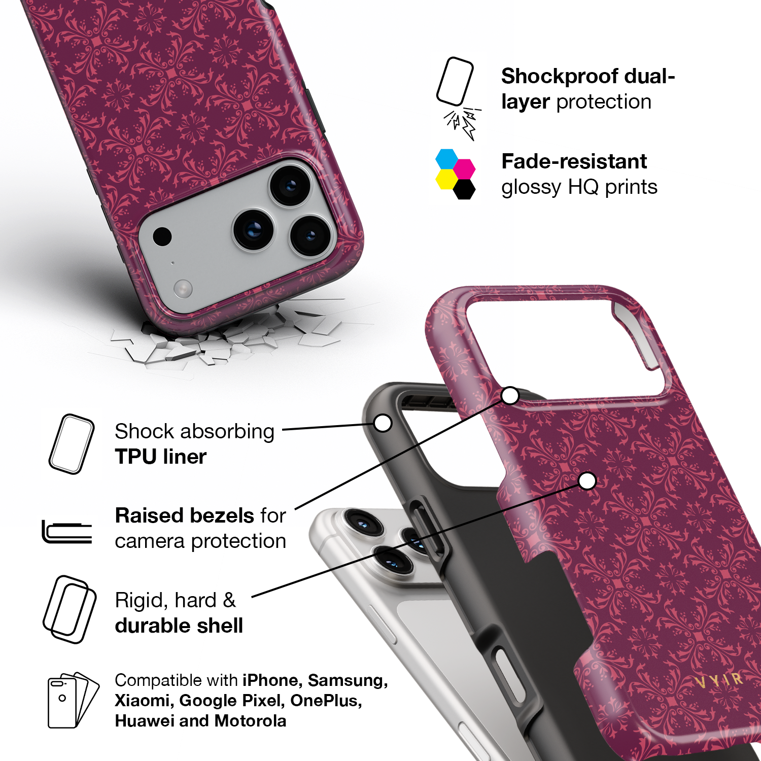Ornate Bloom, Burgundy - Shockproof Phone Case - VYIR