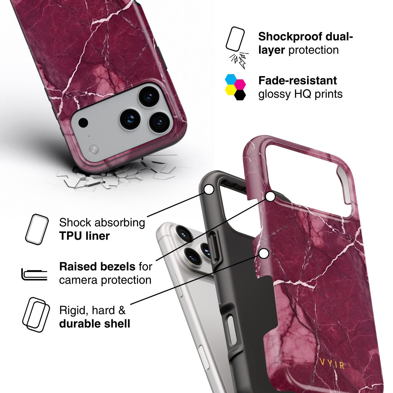Pure Marble Burgundy - Shockproof Phone Case - VYIR