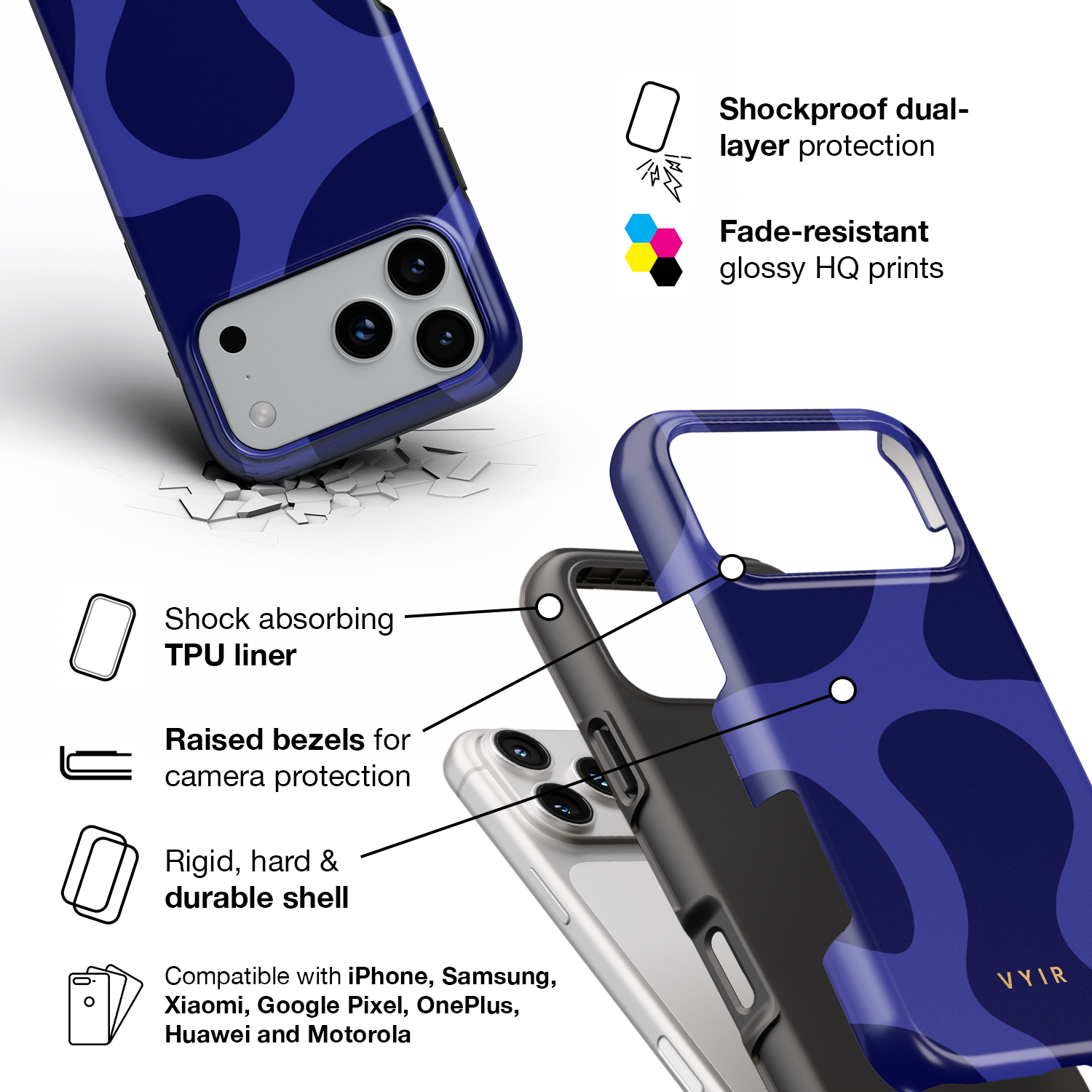 Swirl Lines, Navy Blue - Shockproof Phone Case - VYIR