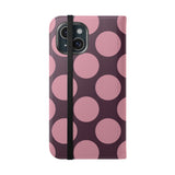iPhone 15 veganistisch leren Hoesje met portemonnee - Pink Plum Polka Dot Design