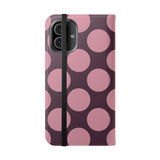 iPhone 16 Plus veganistisch leren Hoesje met portemonnee - Pink Plum Polka Dot Design