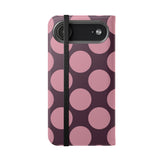 iPhone 17 Air Vegan Leren Portemonneehoesje – Roze-Pruim Polka Dot-ontwerp