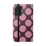 iPhone 16 Vegan Leren Portemonneehoesje – Roze-Pruim Polka Dot-ontwerp